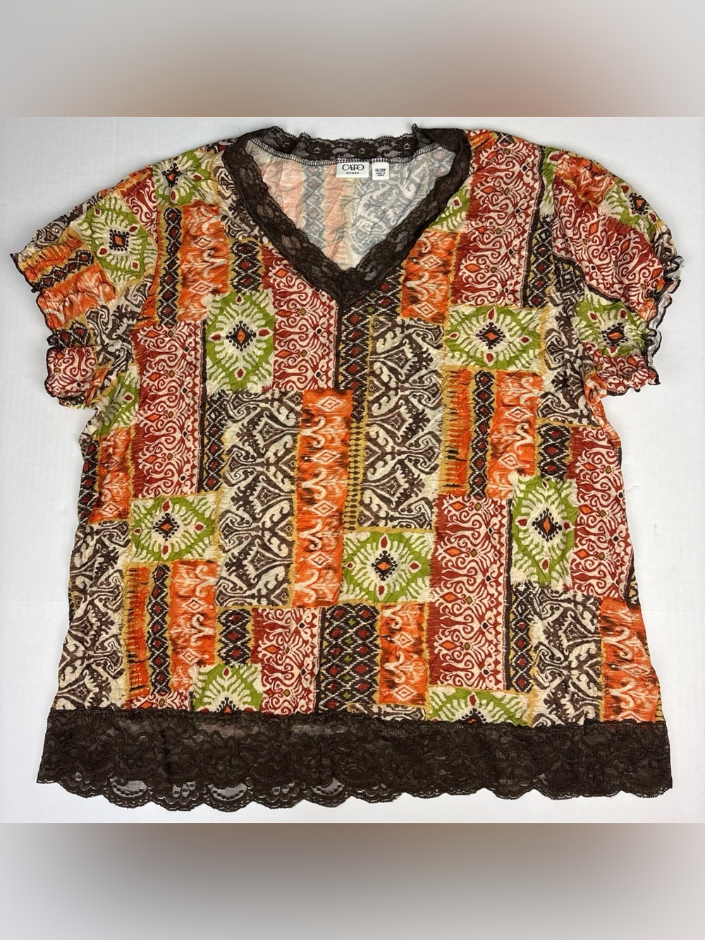 Cato Women 26W 28W Shirt Brown Orange Green Red Tribal Lace Trim V-Neck Poly